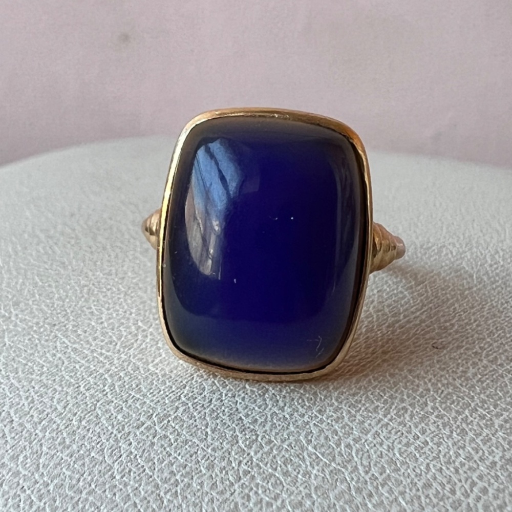 VINTAGE 14K YELLOW GOLD BLUE PURPLE CHALCEDONY CABOCHON RING EUROPEAN HALLMARK - Picture 5 of 16